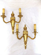 Load image into Gallery viewer, 13&quot; Vintage PAIR French LOUIS XVI Wall Light Sconce 2 Lights Gilded Bronze 1970
