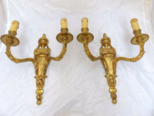 Load image into Gallery viewer, 13&quot; Vintage PAIR French LOUIS XVI Wall Light Sconce 2 Lights Gilded Bronze 1970
