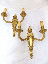 Load image into Gallery viewer, 13&quot; Vintage PAIR French LOUIS XVI Wall Light Sconce 2 Lights Gilded Bronze 1970
