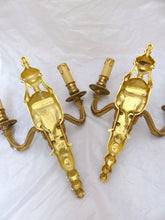 Load image into Gallery viewer, 13&quot; Vintage PAIR French LOUIS XVI Wall Light Sconce 2 Lights Gilded Bronze 1970
