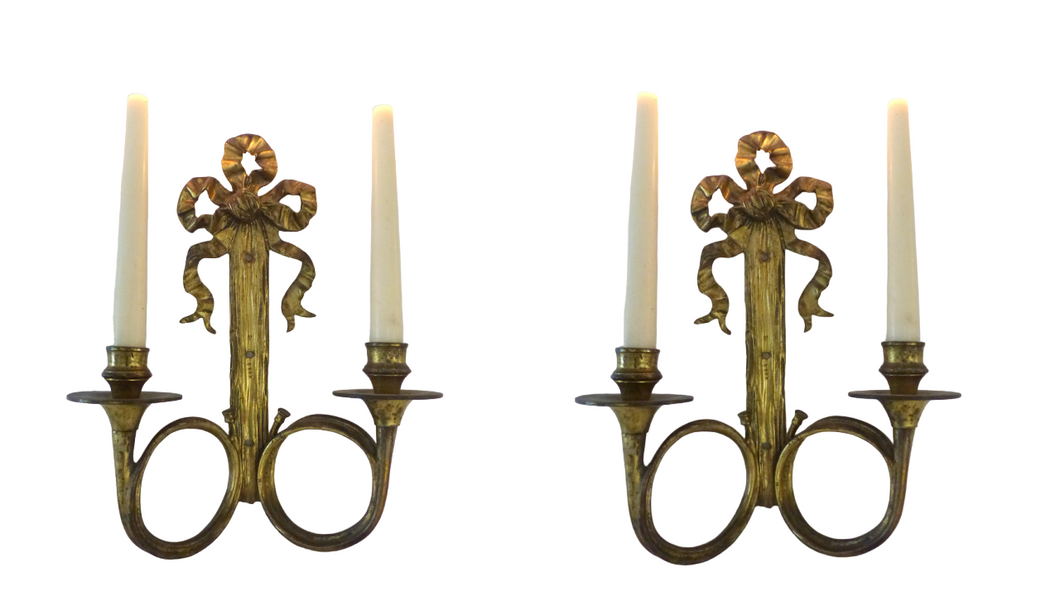 Antique PAIR French Louis XVI Wall Light Sconce Candlestick Gilded Bronze 1900