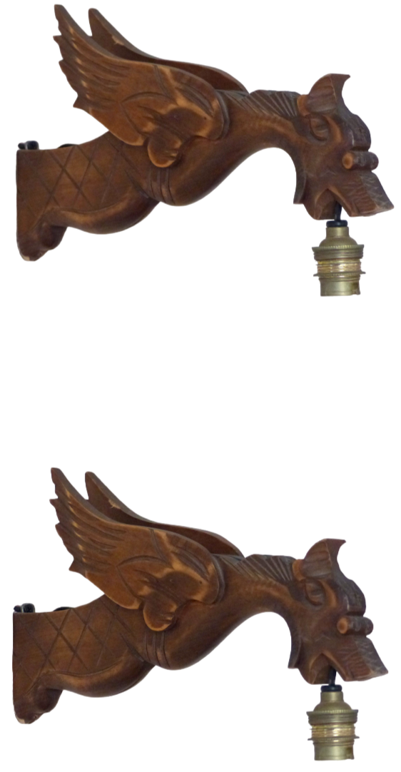 Pair Vintage French Carved Wood Gothic Chimera Wall Light Sconce Gargoye #3