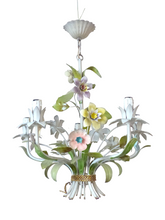 Load image into Gallery viewer, Charming Florentine Chandelier Ceiling Painted Metal Tole Flowers 60&#39;s Italian
