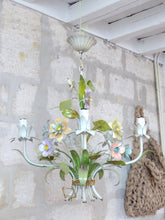 Load image into Gallery viewer, Charming Florentine Chandelier Ceiling Painted Metal Tole Flowers 60&#39;s Italian
