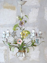 Load image into Gallery viewer, Charming Florentine Chandelier Ceiling Painted Metal Tole Flowers 60&#39;s Italian
