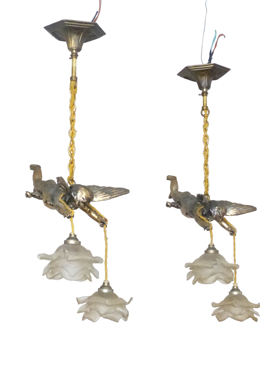 1920 RARE PAIR French Bronze Cherub Suspension Ceiling Chandelier  Angel Putti