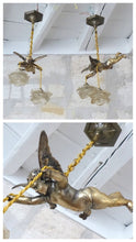 Load image into Gallery viewer, 1920 RARE PAIR French Bronze Cherub Suspension Ceiling Chandelier  Angel Putti
