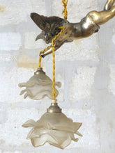 Load image into Gallery viewer, 1920 RARE PAIR French Bronze Cherub Suspension Ceiling Chandelier  Angel Putti
