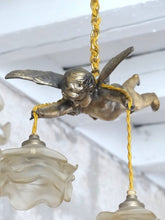 Load image into Gallery viewer, 1920 RARE PAIR French Bronze Cherub Suspension Ceiling Chandelier  Angel Putti
