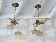 Load image into Gallery viewer, 1920 RARE PAIR French Bronze Cherub Suspension Ceiling Chandelier  Angel Putti
