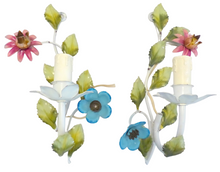 Load image into Gallery viewer, Charming Florentine PAIR Wall Light Enameld Metal Tole Flowers 1980 Italian
