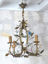 Load image into Gallery viewer, Gorgeous French Vintage brass Louis XVI Chandelier Porcelain Flower Foliage 1930
