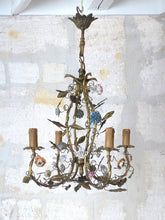 Load image into Gallery viewer, Gorgeous French Vintage brass Louis XVI Chandelier Porcelain Flower Foliage 1930
