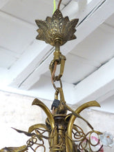 Load image into Gallery viewer, Gorgeous French Vintage brass Louis XVI Chandelier Porcelain Flower Foliage 1930
