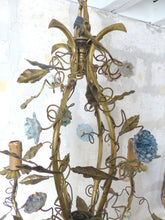 Load image into Gallery viewer, Gorgeous French Vintage brass Louis XVI Chandelier Porcelain Flower Foliage 1930
