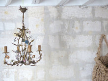 Load image into Gallery viewer, Gorgeous French Vintage brass Louis XVI Chandelier Porcelain Flower Foliage 1930
