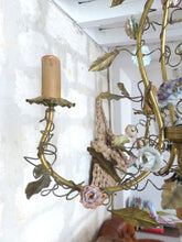 Load image into Gallery viewer, Gorgeous French Vintage brass Louis XVI Chandelier Porcelain Flower Foliage 1930
