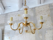 Load image into Gallery viewer, Vintage Chandelier White Opaline Cup 1960 MURANO RARE 5 lights Gilded metal

