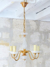 Load image into Gallery viewer, Vintage Chandelier White Opaline Cup 1960 MURANO RARE 5 lights Gilded metal
