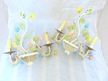 Load image into Gallery viewer, Charming Florentine PAIR Wall Light Enameld Metal Tole Flowers 1950 Italian
