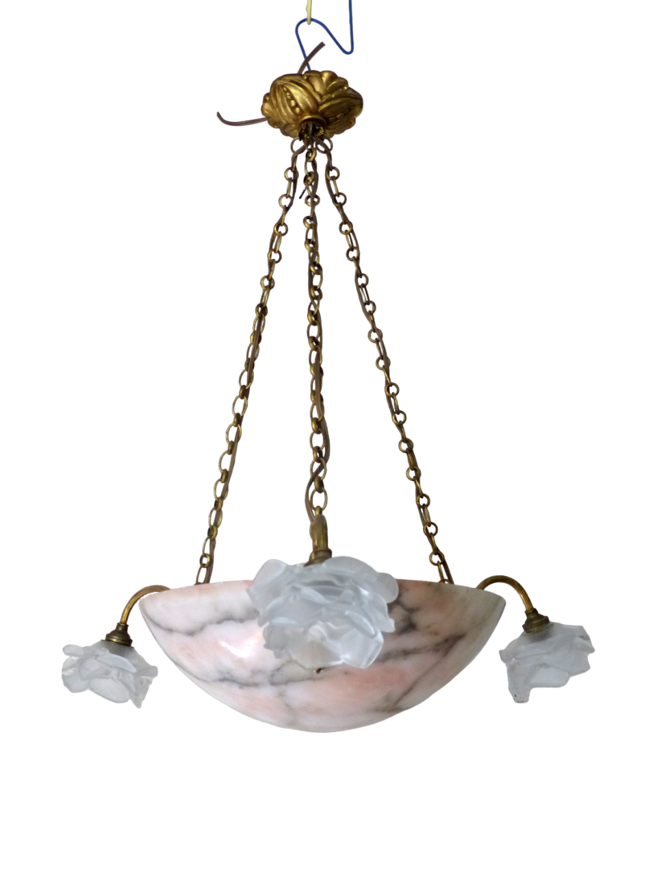 1920 Gorgeous Antique French Alabaster Pendant Chandelier Ceiling Bronze Profile