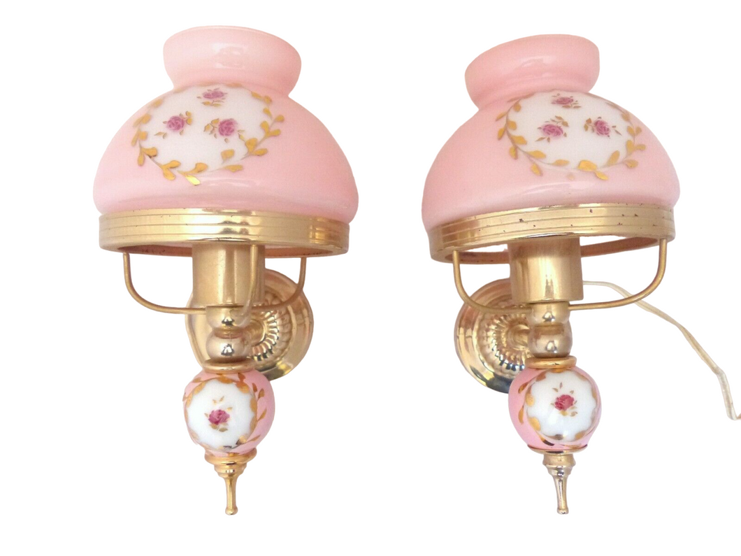 Charming PAIR vintage 1970 Opaline Glass Floral Wall Lights Sconces Gilded Pink1