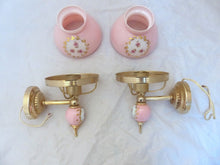 Load image into Gallery viewer, Charming PAIR vintage 1970 Opaline Glass Floral Wall Lights Sconces Gilded Pink1
