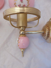 Load image into Gallery viewer, Charming PAIR vintage 1970 Opaline Glass Floral Wall Lights Sconces Gilded Pink1
