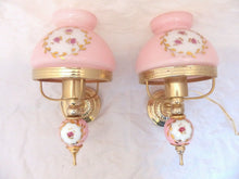 Load image into Gallery viewer, Charming PAIR vintage 1970 Opaline Glass Floral Wall Lights Sconces Gilded Pink1
