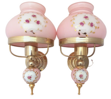 Load image into Gallery viewer, Charming PAIR vintage 1970 Opaline Glass Floral Wall Lights Sconces Gilded Pink2
