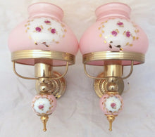 Load image into Gallery viewer, Charming PAIR vintage 1970 Opaline Glass Floral Wall Lights Sconces Gilded Pink2
