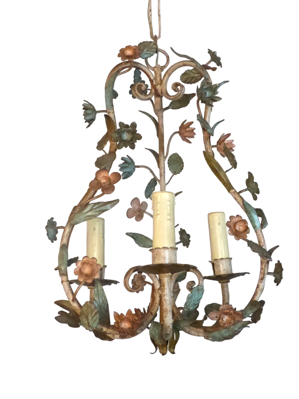 Gorgeous Italian Vintage Tole Louis XVI Chandelier iron Flower Foliage 1950