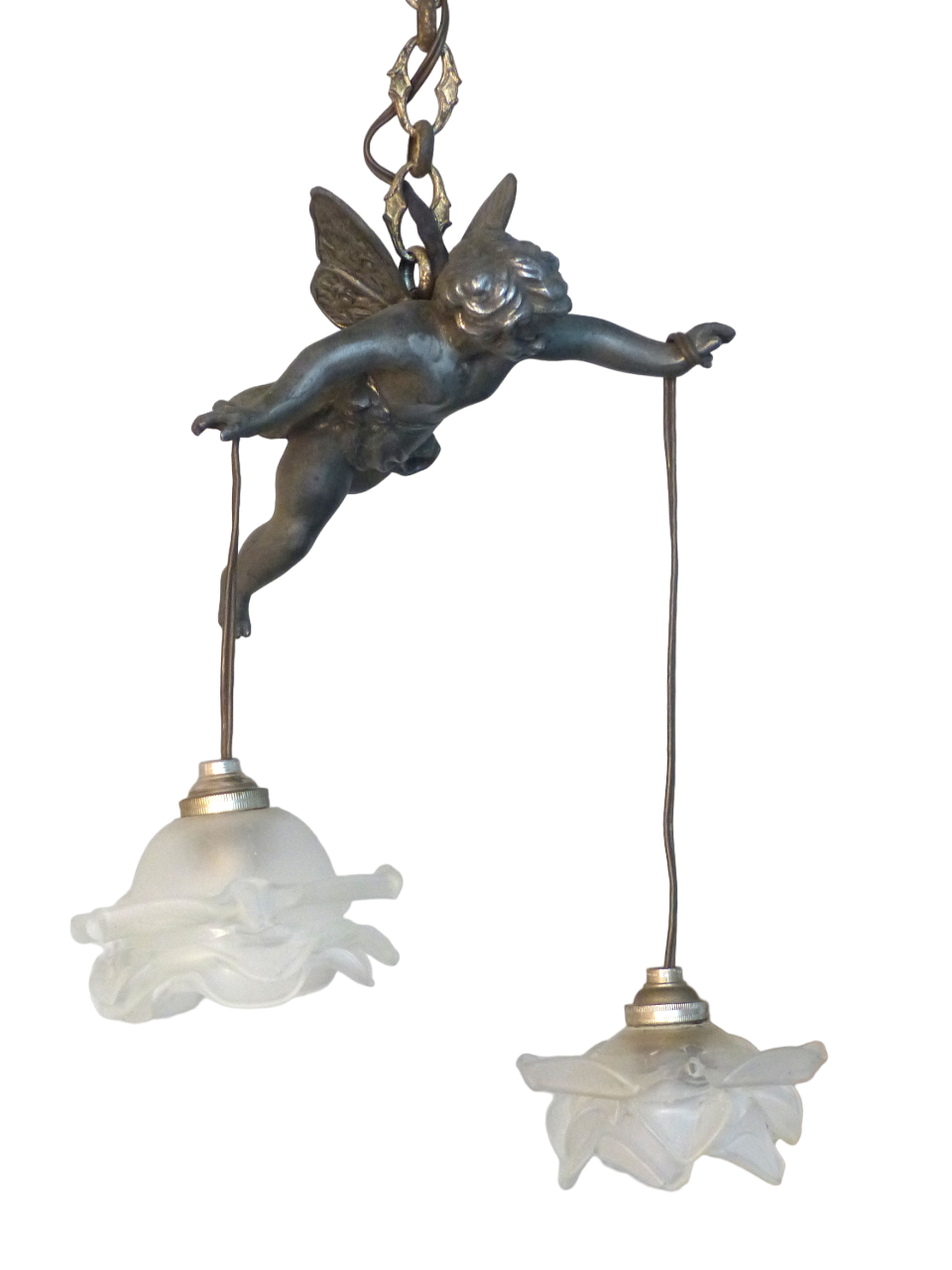 1920 RARE French Spelter Cherub Suspension Ceiling Chandelier  Angel Putti 9