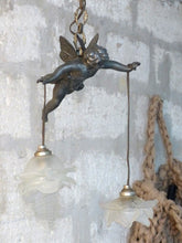 Load image into Gallery viewer, 1920 RARE French Spelter Cherub Suspension Ceiling Chandelier  Angel Putti 9&quot;
