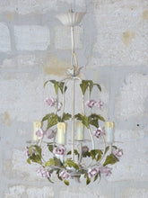 Load image into Gallery viewer, Gorgeous Vintage 1960 Italian Chandelier Iron Porcelain Flower Foliage Ceiling
