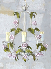 Load image into Gallery viewer, Gorgeous Vintage 1960 Italian Chandelier Iron Porcelain Flower Foliage Ceiling
