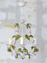 Load image into Gallery viewer, Gorgeous Vintage 1960 Italian Chandelier Iron Porcelain Flower Foliage Ceiling
