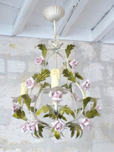 Load image into Gallery viewer, Gorgeous Vintage 1960 Italian Chandelier Iron Porcelain Flower Foliage Ceiling
