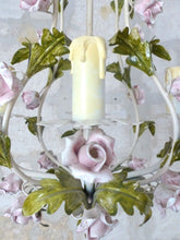 Load image into Gallery viewer, Gorgeous Vintage 1960 Italian Chandelier Iron Porcelain Flower Foliage Ceiling
