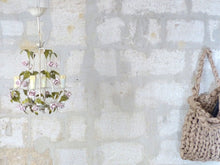 Load image into Gallery viewer, Gorgeous Vintage 1960 Italian Chandelier Iron Porcelain Flower Foliage Ceiling
