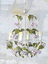 Load image into Gallery viewer, Gorgeous Vintage 1960 Italian Chandelier Iron Porcelain Flower Foliage Ceiling
