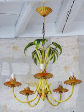 Load image into Gallery viewer, Charming Vintage Palm Chandelier Faux Bamboo Ceiling 1980&#39; Regency Mid Century
