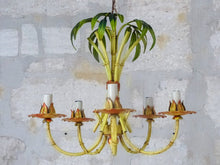 Load image into Gallery viewer, Charming Vintage Palm Chandelier Faux Bamboo Ceiling 1980&#39; Regency Mid Century
