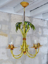 Load image into Gallery viewer, Charming Vintage Palm Chandelier Faux Bamboo Ceiling 1980&#39; Regency Mid Century
