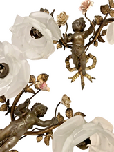 Load image into Gallery viewer, OMG Antique Pair Wall Light Sconces Bronze Angel Cherub 1900 Porcelain Flowers
