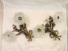 Load image into Gallery viewer, OMG Antique Pair Wall Light Sconces Bronze Angel Cherub 1900 Porcelain Flowers
