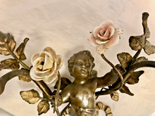 Load image into Gallery viewer, OMG Antique Pair Wall Light Sconces Bronze Angel Cherub 1900 Porcelain Flowers
