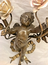 Load image into Gallery viewer, OMG Antique Pair Wall Light Sconces Bronze Angel Cherub 1900 Porcelain Flowers
