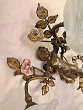 Load image into Gallery viewer, OMG Antique Pair Wall Light Sconces Bronze Angel Cherub 1900 Porcelain Flowers
