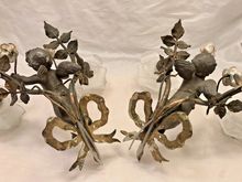 Load image into Gallery viewer, OMG Antique Pair Wall Light Sconces Bronze Angel Cherub 1900 Porcelain Flowers
